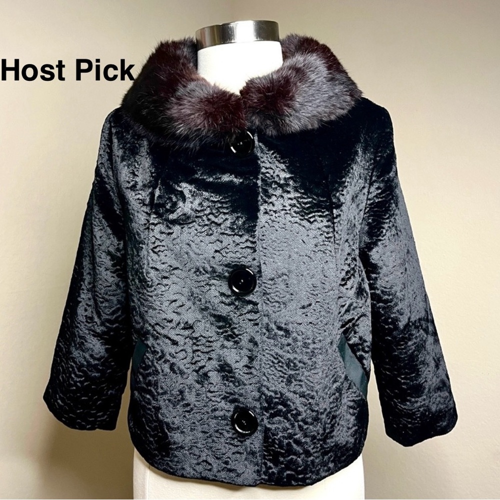 WINTER Vintage Black Faux Persian Lamb Jacket Size M Rabbit 1960s Retro Y2K